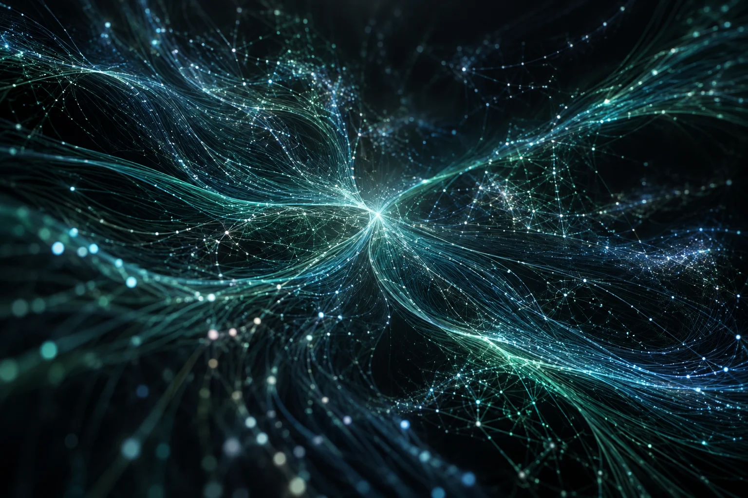 An abstract network of blue and teal light threads and connected points representing data and information.