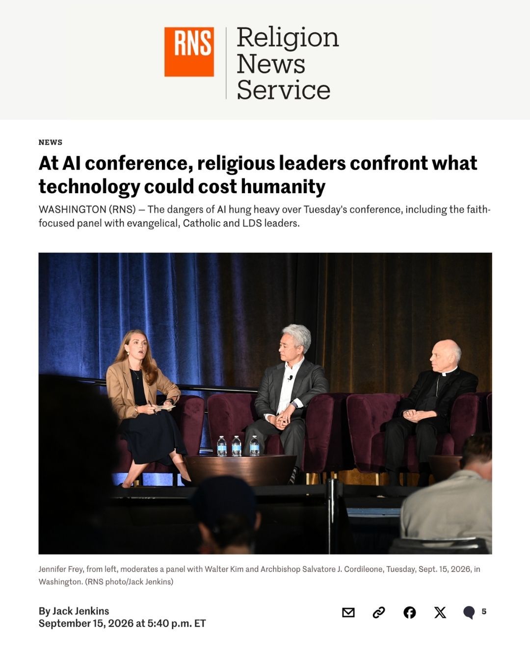 Religion News Service article about religious leaders discussing AI, with a photograph of a panel moderated by Jennifer Frey with Walter Kim and Archbishop Salvatore J. Cordileone.