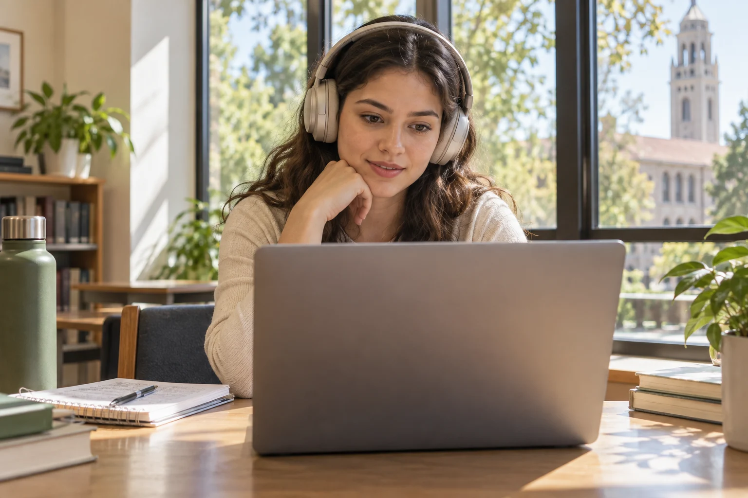 A college student attending an online class in daylight, with the laptop screen facing away from view.