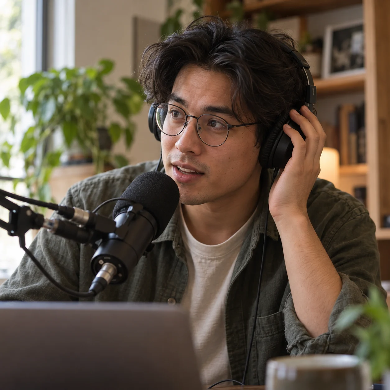 A young audio journalist recording at a microphone.