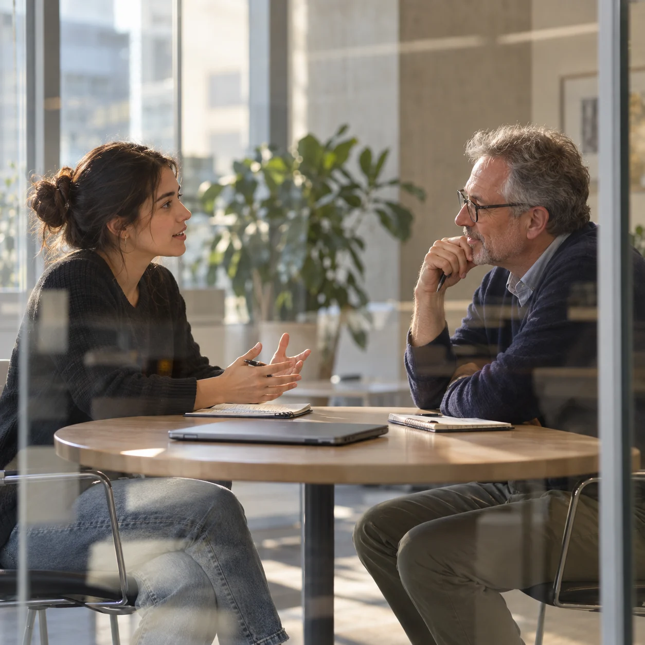 A media mentor and an emerging professional in conversation across a table.