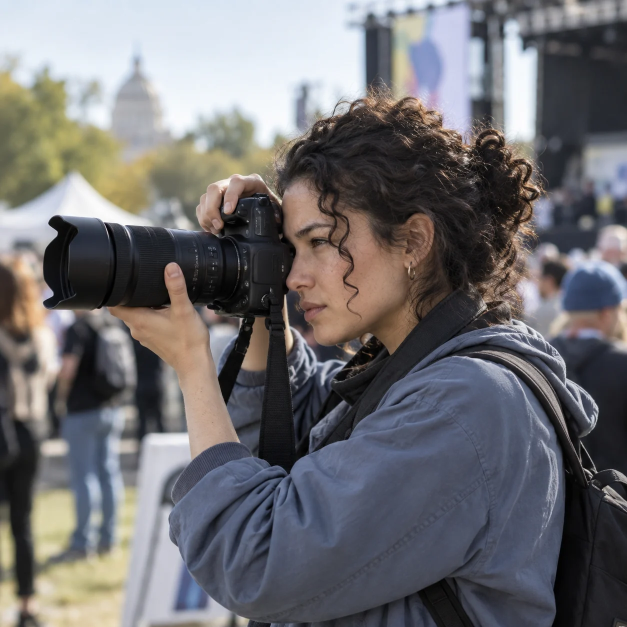 An emerging photojournalist photographing an event.
