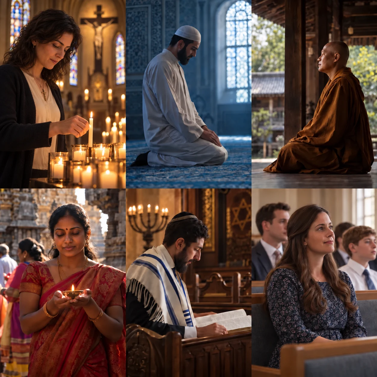 Photographic montage with a Catholic woman lighting a candle at upper left, Muslim, Buddhist, Hindu and Jewish worshippers, and a Latter-day Saint woman seated in her congregation at lower right.