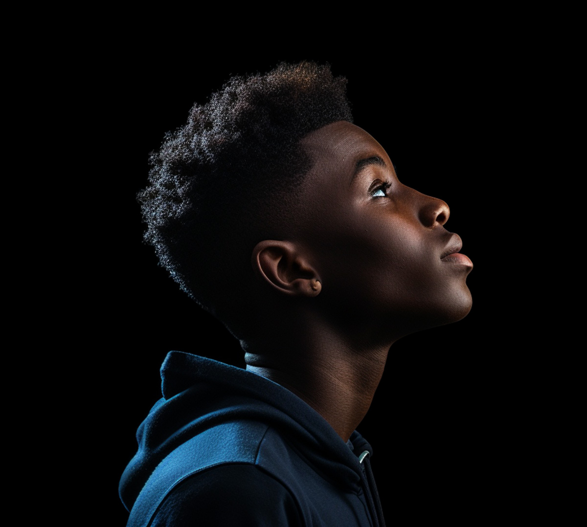 A person looking upward in quiet reflection, illuminated against a dark background.